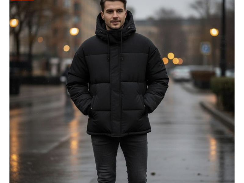 Чоловіча зимова чорна куртка з капюшоном