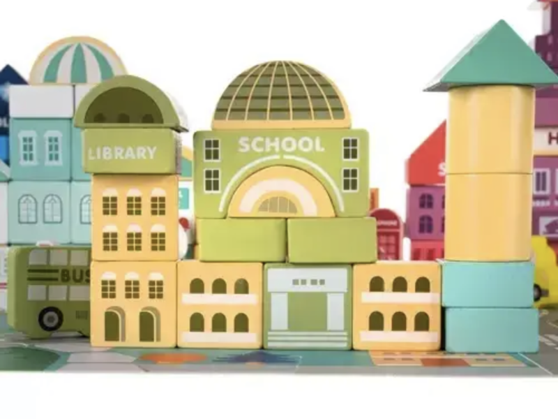 Дерев'яні кубики конструктор великий набір 100 елементів , місто (сортер, головоломка , сумка) KRUZZEL 19159 Польща