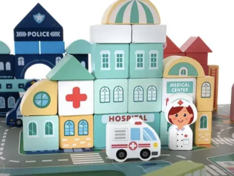 Дерев'яні кубики конструктор великий набір 100 елементів , місто (сортер, головоломка , сумка) KRUZZEL 19159 Польща