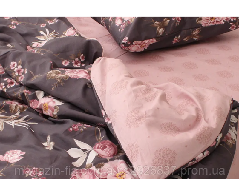 Комплект постільної білизни з сатину коричневого кольору з Рожевими квітами