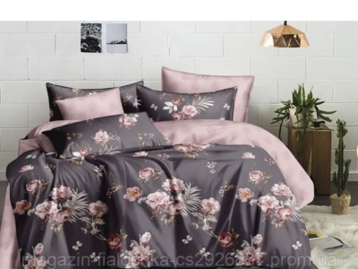 Комплект постільної білизни з сатину коричневого кольору з Рожевими квітами