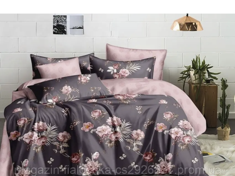 Комплект постільної білизни з сатину коричневого кольору з Рожевими квітами