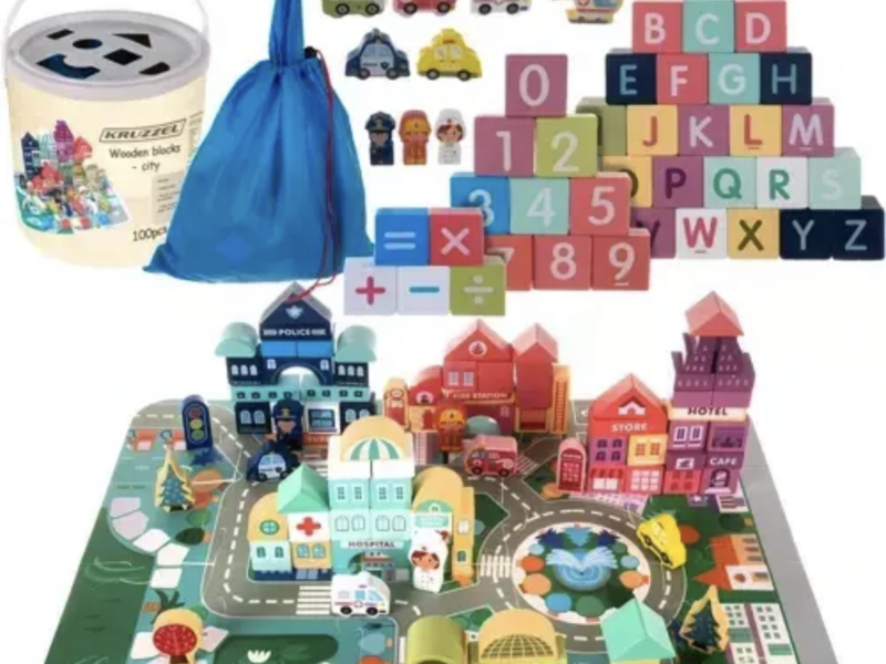Дерев'яні кубики конструктор великий набір 100 елементів , місто (сортер, головоломка , сумка) KRUZZEL 19159 Польща