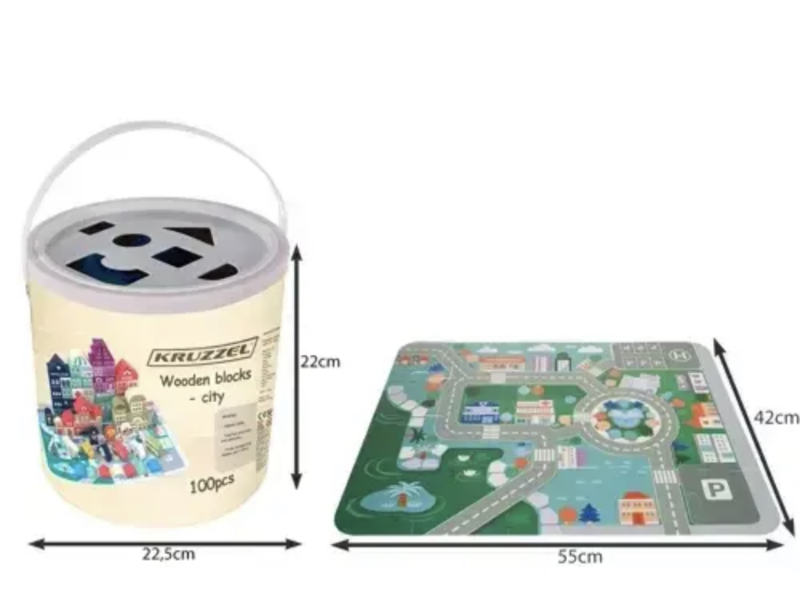 Дерев'яні кубики конструктор великий набір 100 елементів , місто (сортер, головоломка , сумка) KRUZZEL 19159 Польща