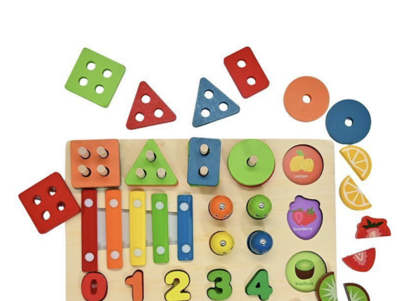 Деревянная логическая доска C 75574 с ксилофоном, магнитной рыбалкой и сортировщиком цифр Код: 7-187029