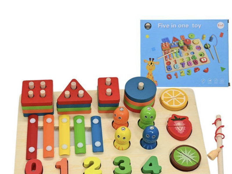 Деревянная логическая доска C 75574 с ксилофоном, магнитной рыбалкой и сортировщиком цифр Код: 7-187029