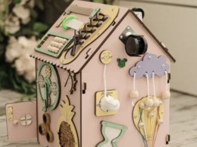 Бізібудинок 35×25 см рожевий | Деревʼяна розвивальна іграшка Монтессорі