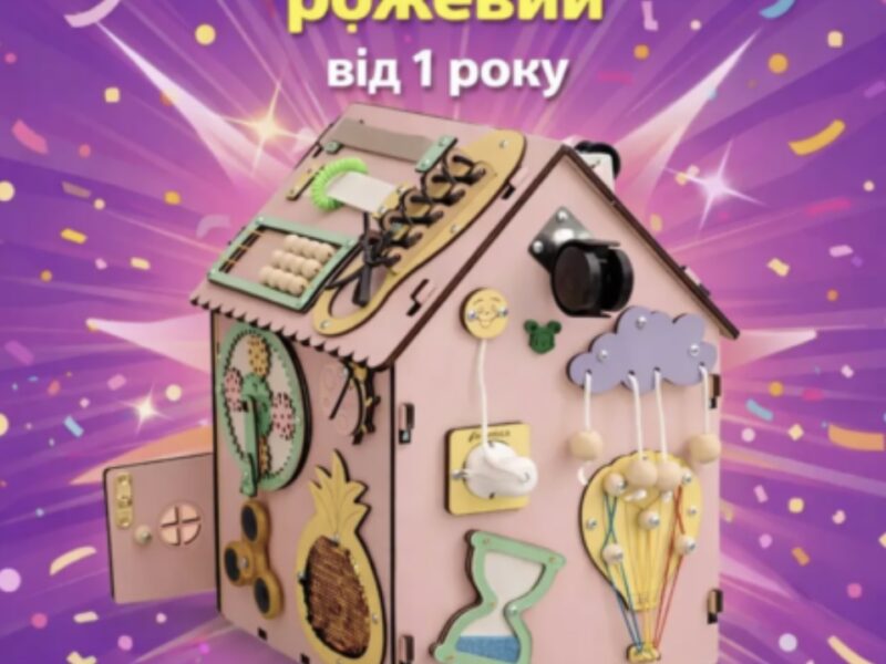 Бізібудинок 35×25 см рожевий | Деревʼяна розвивальна іграшка Монтессорі