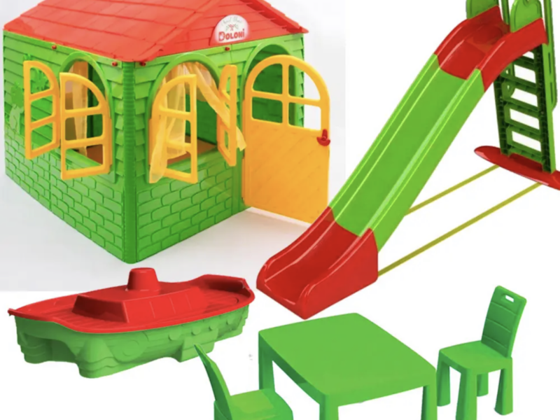 Ігровий комплекс Doloni Зелений дитячий будиночок, гірка з тунелем, пісочниця, стіл, стілець та конструктор