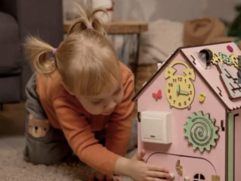 Бізібудинок 35×25 см рожевий | Деревʼяна розвивальна іграшка Монтессорі