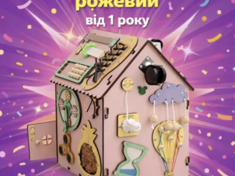 Бізібудинок 35×25 см рожевий | Деревʼяна розвивальна іграшка Монтессорі