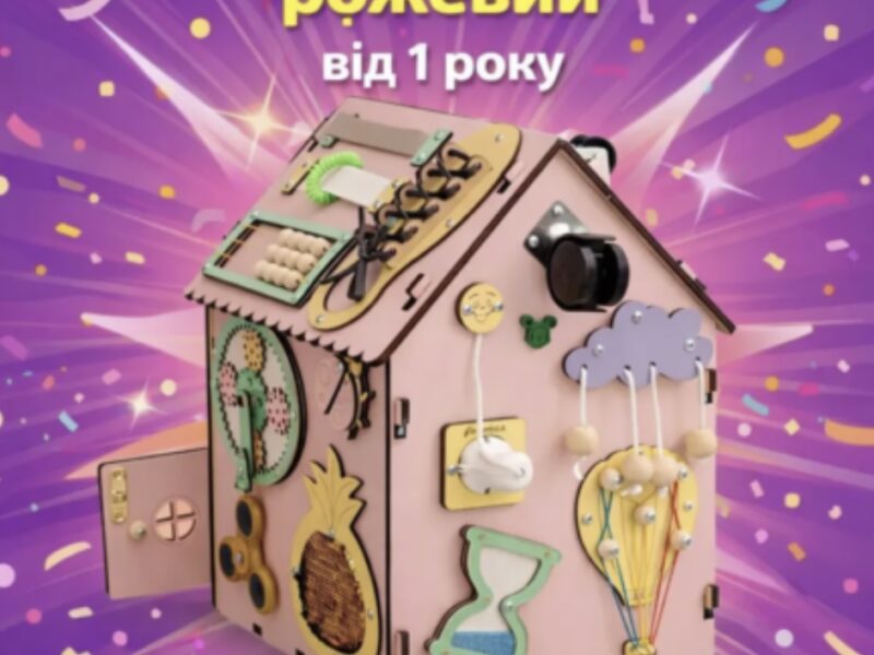 Бізібудинок 35×25 см рожевий | Деревʼяна розвивальна іграшка Монтессорі